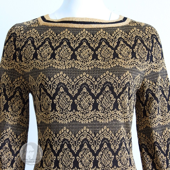 Vintage Dress Knit Bobette Imports France Black Gold Lurex Tricot Long Sleeve 10 - Picture 5 of 9